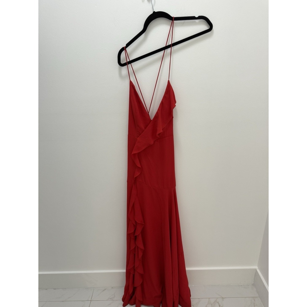Fame & Partners Red Maxi Dress US 4 AU 8 Ruffle Strappy Formal Gown Damaged